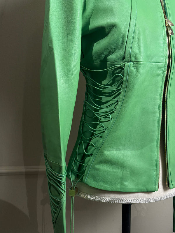 Versace bright Green Leather Jacket Lace up Corset racer jacket medusa detailing edgy chic fitted gold toggles medusa