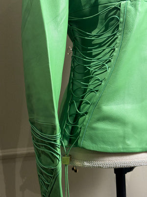 Versace bright Green Leather Jacket Lace up Corset racer jacket medusa detailing edgy chic fitted gold toggles medusa