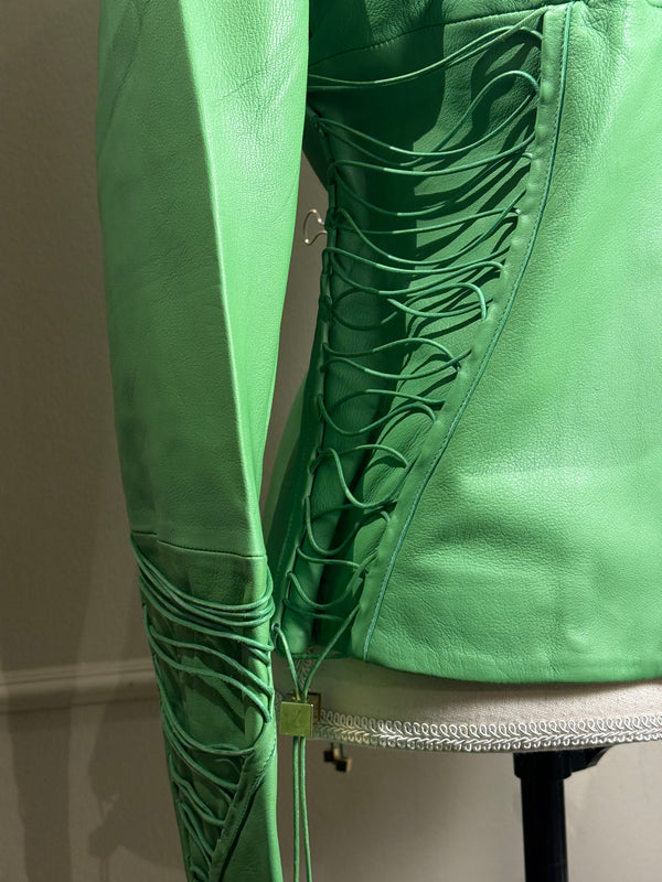 Versace bright Green Leather Jacket Lace up Corset racer jacket medusa detailing edgy chic fitted gold toggles medusa