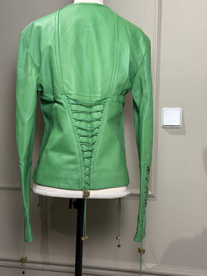Versace bright Green Leather Jacket Lace up Corset racer jacket medusa detailing edgy chic fitted gold toggles medusa