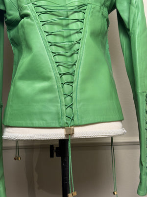 Versace bright Green Leather Jacket Lace up Corset racer jacket medusa detailing edgy chic fitted gold toggles medusa