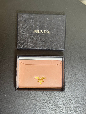 Prada Saffiano Leather Card Holder in Baby Pink Compact Card Holder Slim Wallet with Box gold prada metal logo