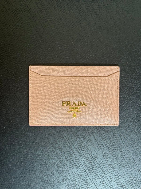 Prada Saffiano Leather Card Holder in Baby Pink Compact Card Holder Slim Wallet with Box gold prada metal logo