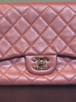 Chanel Baby Pink 'Precious Jewel' Crystal Quilted Limited Edition Valentines Single Flap Medium Metallic Pink Shoulder Bag in Calfskin Gold hardware 2010/2011