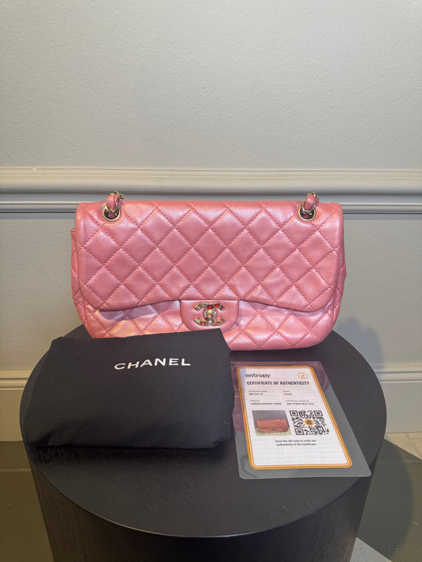 Chanel Baby Pink 'Precious Jewel' Crystal Quilted Limited Edition Valentines Single Flap Medium Metallic Pink Shoulder Bag in Calfskin Gold hardware 2010/2011