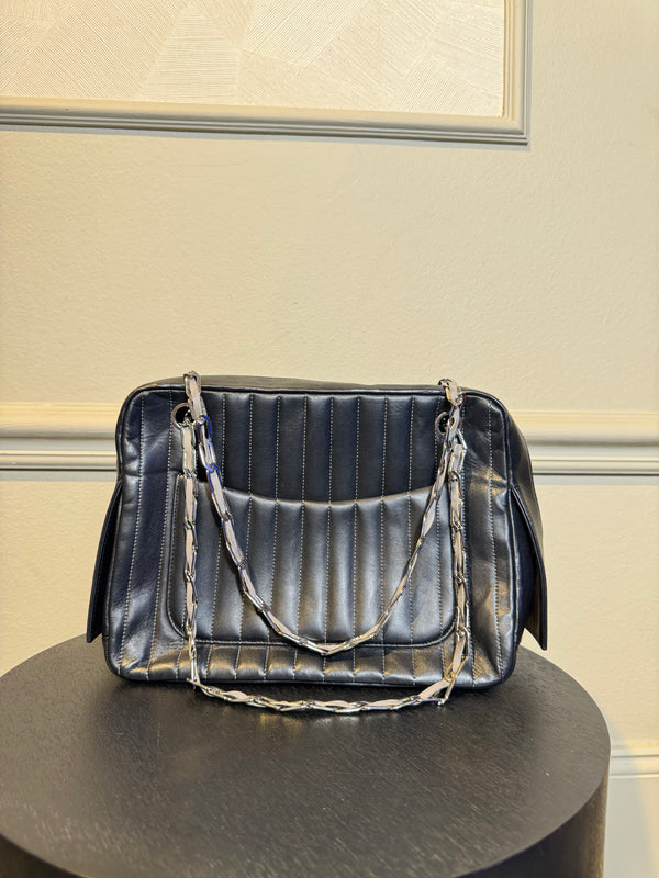 Chanel Vintage 2005/6 CC cocomark Medium Ligne Vertical Quilted Lambskin Mademoiselle Camera Bag Black Leather Lambskin