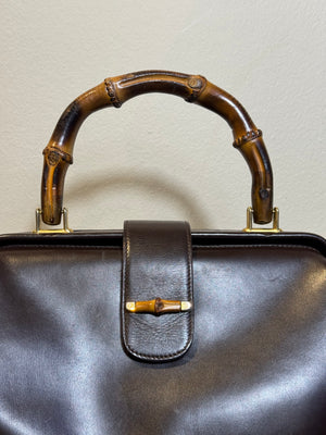 Gucci Vintage Structured Bamboo Handle and Detail Leather Black Handbag Gold Detailing Hardware Large Handbag vintage Buckle clasp detail chic 90s 2000s
