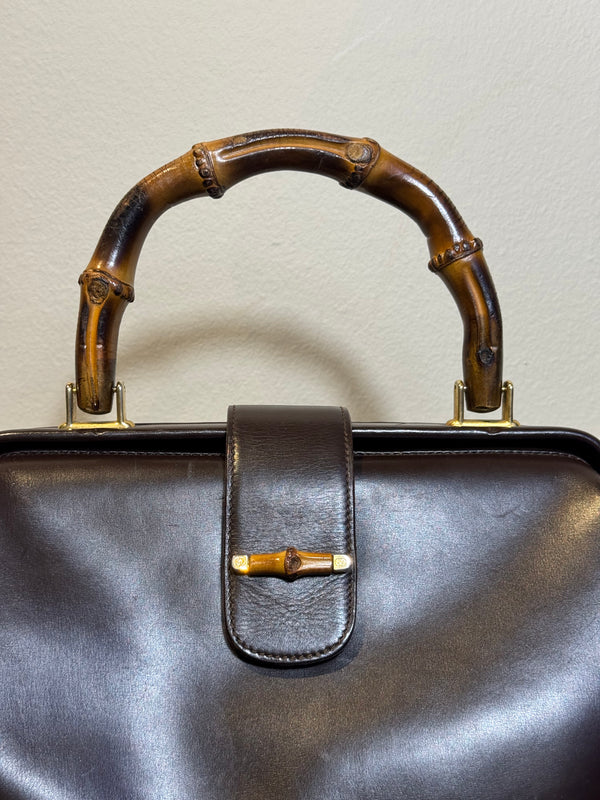 Gucci Vintage Structured Bamboo Handle and Detail Leather Black Handbag Gold Detailing Hardware Large Handbag vintage Buckle clasp detail chic 90s 2000s