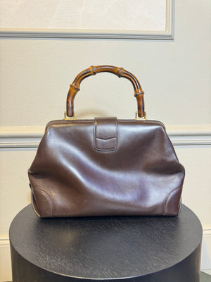 Gucci Vintage Structured Bamboo Handle and Detail Leather Black Handbag Gold Detailing Hardware Large Handbag vintage Buckle clasp detail chic 90s 2000s