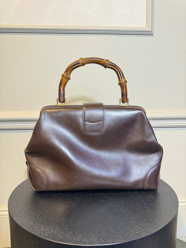 Gucci Vintage Structured Bamboo Handle and Detail Leather Black Handbag Gold Detailing Hardware Large Handbag vintage Buckle clasp detail chic 90s 2000s