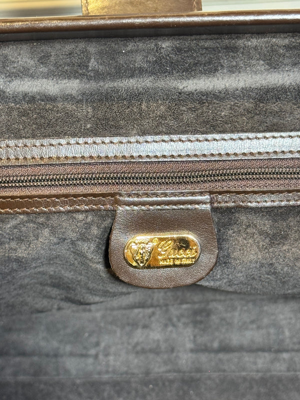 Gucci Vintage Structured Bamboo Handle and Detail Leather Black Handbag Gold Detailing Hardware Large Handbag vintage Buckle clasp detail chic 90s 2000s