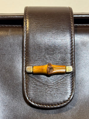 Gucci Vintage Structured Bamboo Handle and Detail Leather Black Handbag Gold Detailing Hardware Large Handbag vintage Buckle clasp detail chic 90s 2000s