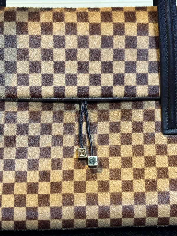 Louis Vuitton Chequered Limited Edition Damier Sauvage Calf Hair Lionne Bag brown tan tassle detail Vintage Classic Style Chic leather handles