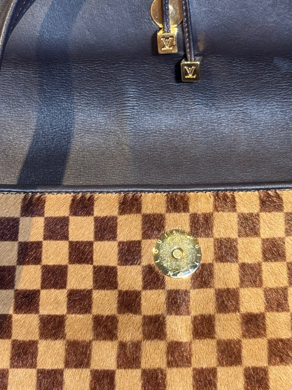 Louis Vuitton Chequered Limited Edition Damier Sauvage Calf Hair Lionne Bag brown tan tassle detail Vintage Classic Style Chic leather handles