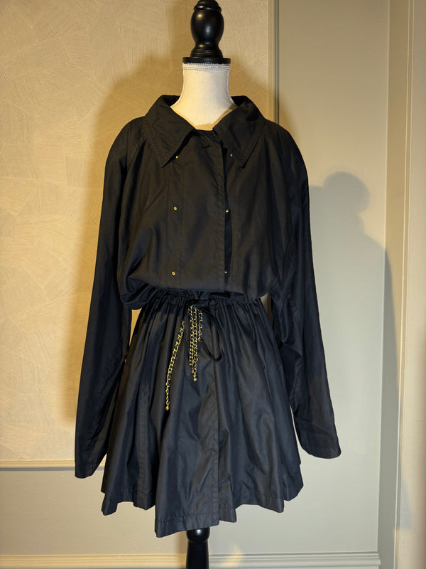 Chanel Coco Mark mock trench coat mini dress adjustable waist Dress cinch chain belt black CC details Long Sleeve Fit Flare Classic design chic