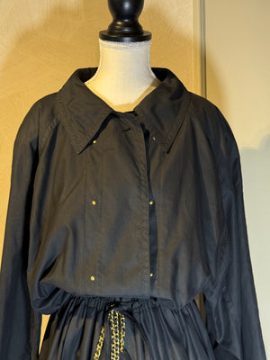 Chanel Coco Mark mock trench coat mini dress adjustable waist Dress cinch chain belt black CC details Long Sleeve Fit Flare Classic design chic