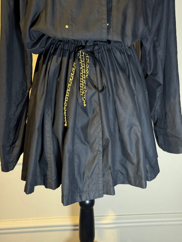 Chanel Coco Mark mock trench coat mini dress adjustable waist Dress cinch chain belt black CC details Long Sleeve Fit Flare Classic design chic