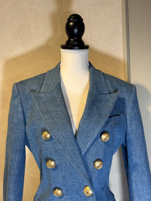 Balmain double breasted blazer jacket blue jean denim gold buttons IT 40 chic sexy long sleeve v neck collared faux pockets