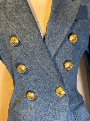 Balmain double breasted blazer jacket blue jean denim gold buttons IT 40 chic sexy long sleeve v neck collared faux pockets