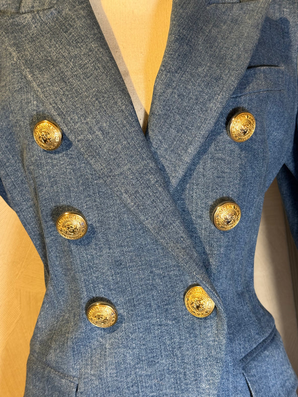 Balmain double breasted blazer jacket blue jean denim gold buttons IT 40 chic sexy long sleeve v neck collared faux pockets