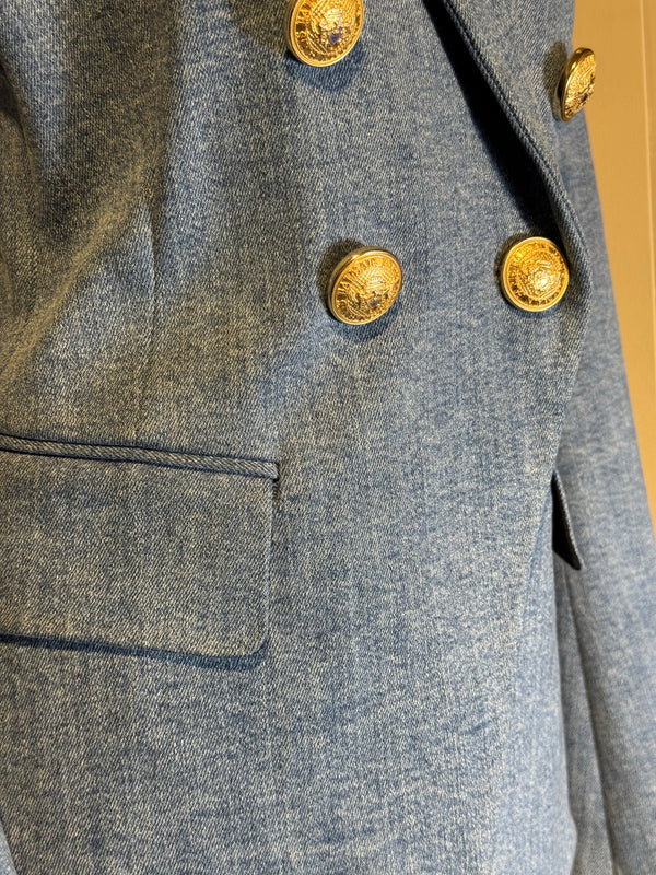 Balmain double breasted blazer jacket blue jean denim gold buttons IT 40 chic sexy long sleeve v neck collared faux pockets