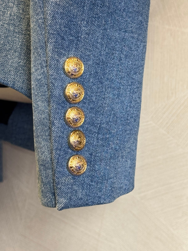 Balmain double breasted blazer jacket blue jean denim gold buttons IT 40 chic sexy long sleeve v neck collared faux pockets