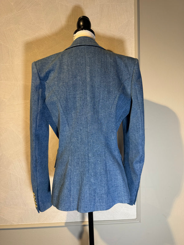 Balmain double breasted blazer jacket blue jean denim gold buttons IT 40 chic sexy long sleeve v neck collared faux pockets