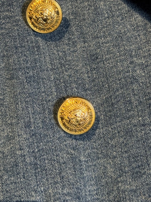 Balmain double breasted blazer jacket blue jean denim gold buttons IT 40 chic sexy long sleeve v neck collared faux pockets