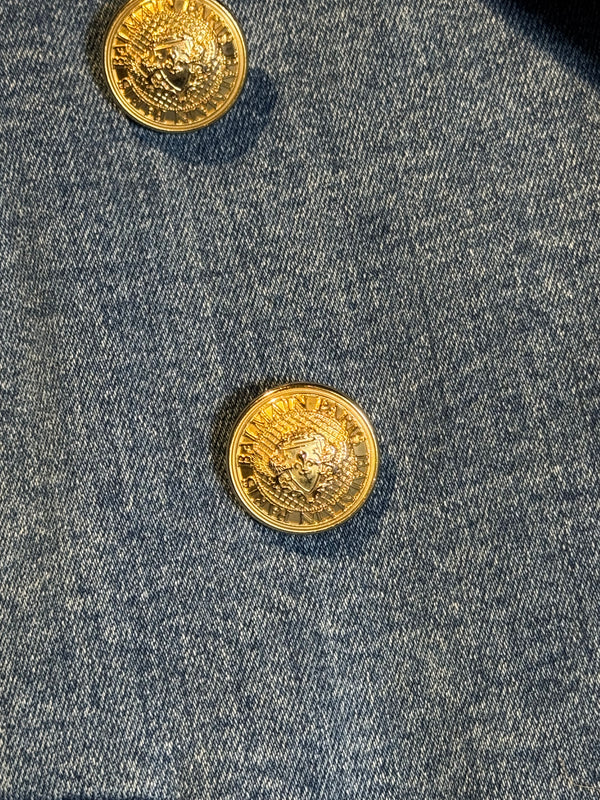 Balmain double breasted blazer jacket blue jean denim gold buttons IT 40 chic sexy long sleeve v neck collared faux pockets