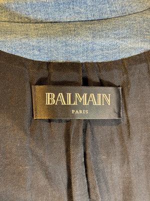 Balmain double breasted blazer jacket blue jean denim gold buttons IT 40 chic sexy long sleeve v neck collared faux pockets
