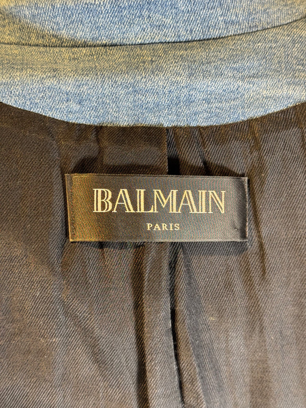 Balmain double breasted blazer jacket blue jean denim gold buttons IT 40 chic sexy long sleeve v neck collared faux pockets