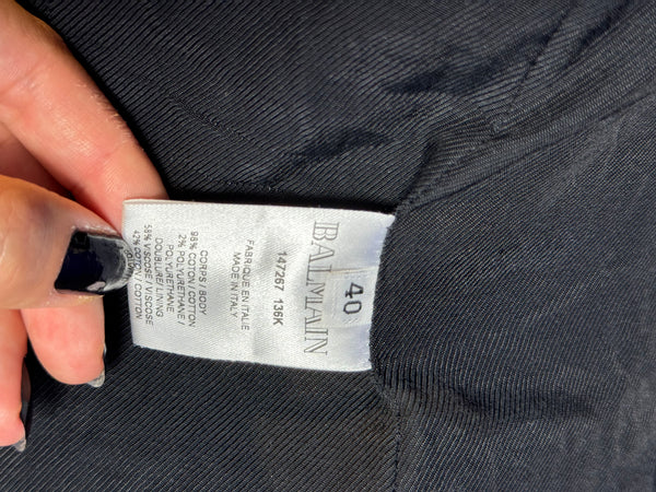 Balmain double breasted blazer jacket blue jean denim gold buttons IT 40 chic sexy long sleeve v neck collared faux pockets