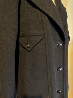Chanel vintage trench coat Jacket Black CC cocomark black button cinch waist Long Sleeve Fit Flare Classic design chic low neck