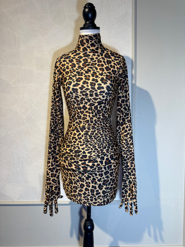 VETEMENTS 2019 collection 'The Styling Dress' leopard print body con mini dress with gloves turtleneck sexy
