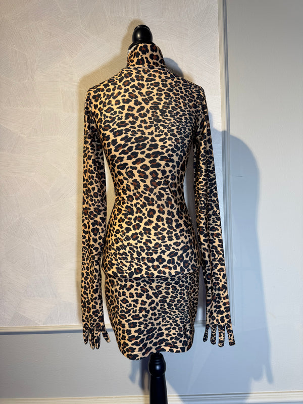 VETEMENTS 2019 collection 'The Styling Dress' leopard print body con mini dress with gloves turtleneck sexy
