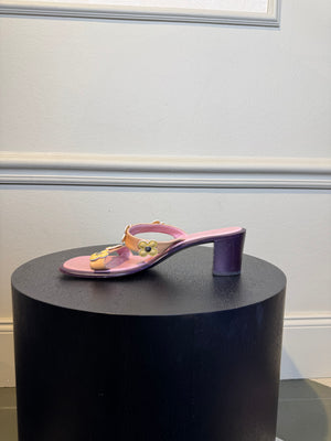 Chanel Vintage 2002 Mules a Talons Blossom Patent Leather Sandals Heeled Mule Pump Shoes Karl Lagerfeld Floral Strap detail CC coco mark EU 38.5