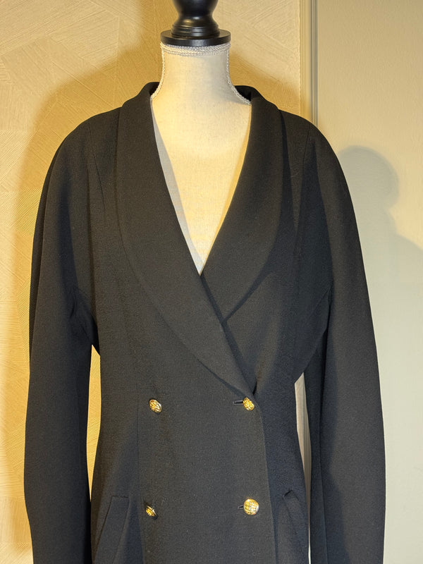 Chanel 1980s Jacket Coat 100% Cotton Black CC cocomark gold button double breasted Long Sleeve Fit Flare Classic design chic
