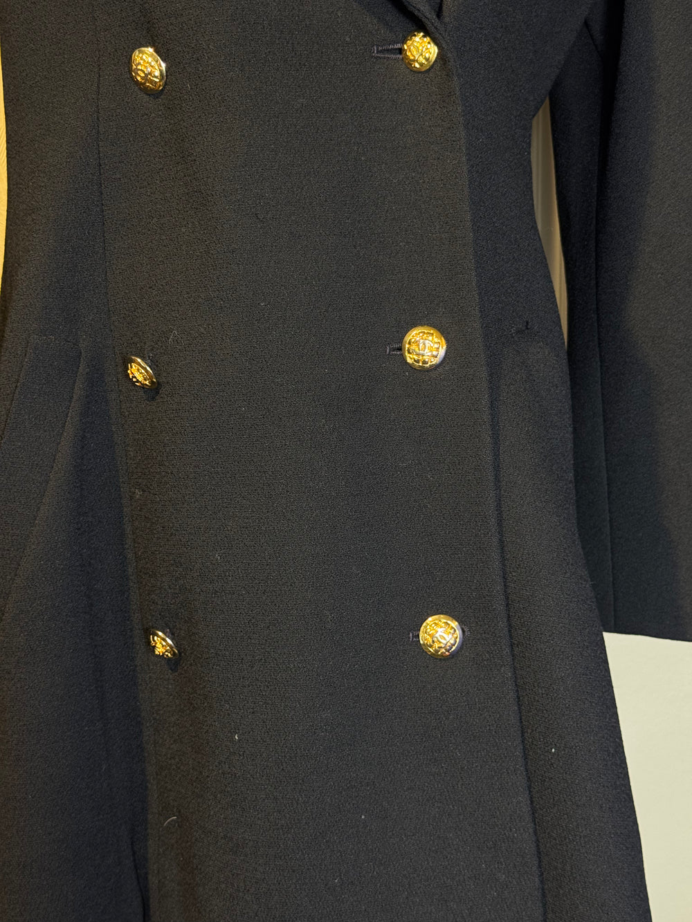 Chanel 1980s Jacket Coat 100% Cotton Black CC cocomark gold button double breasted Long Sleeve Fit Flare Classic design chic