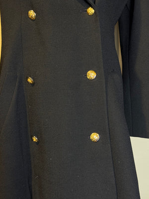 Chanel 1980s Jacket Coat 100% Cotton Black CC cocomark gold button double breasted Long Sleeve Fit Flare Classic design chic