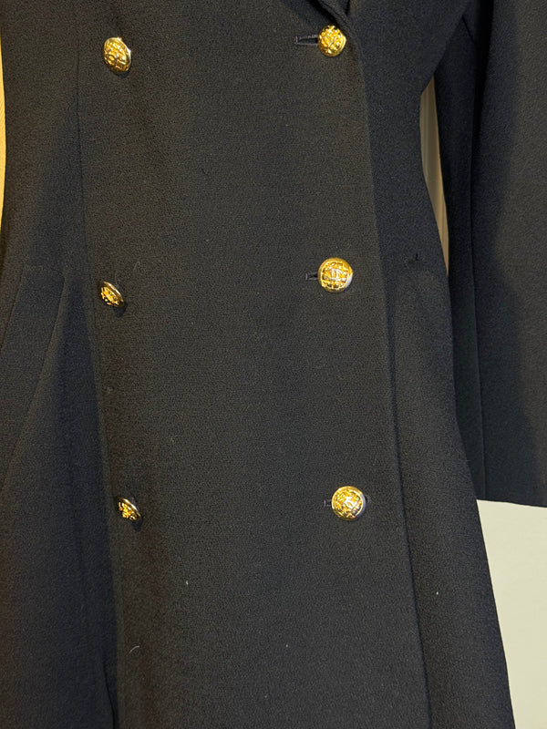Chanel 1980s Jacket Coat 100% Cotton Black CC cocomark gold button double breasted Long Sleeve Fit Flare Classic design chic