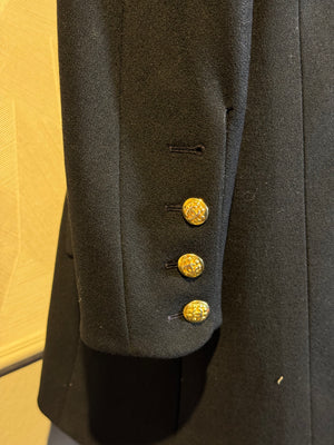 Chanel 1980s Jacket Coat 100% Cotton Black CC cocomark gold button double breasted Long Sleeve Fit Flare Classic design chic