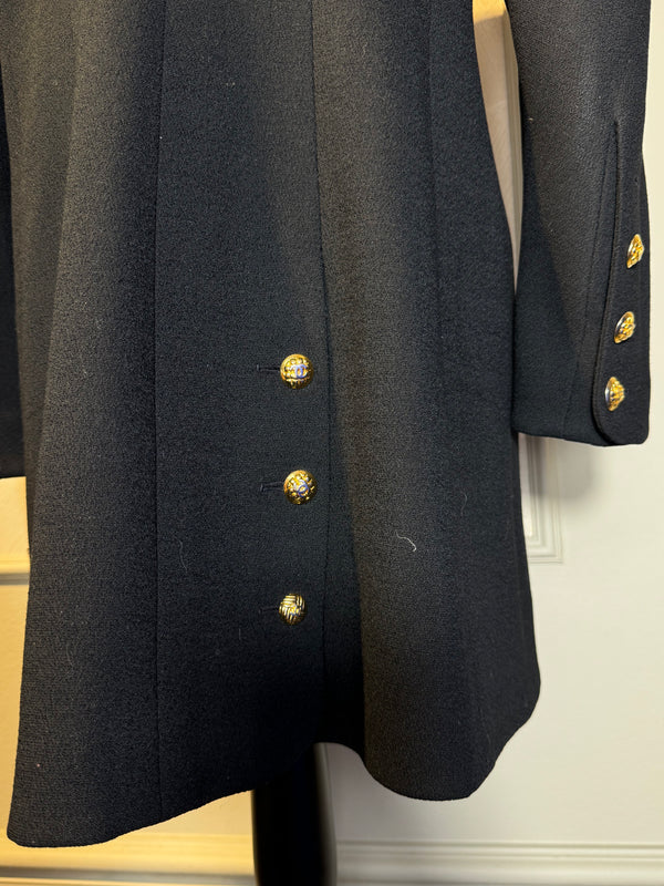 Chanel 1980s Jacket Coat 100% Cotton Black CC cocomark gold button double breasted Long Sleeve Fit Flare Classic design chic
