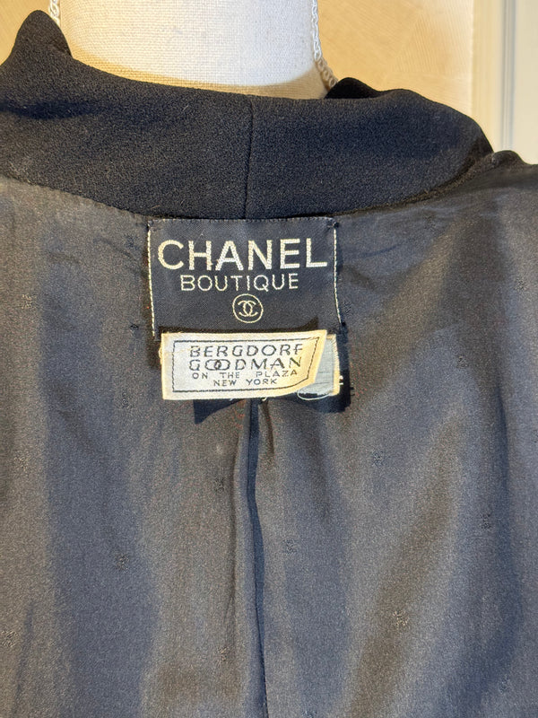Chanel 1980s Jacket Coat 100% Cotton Black CC cocomark gold button double breasted Long Sleeve Fit Flare Classic design chic