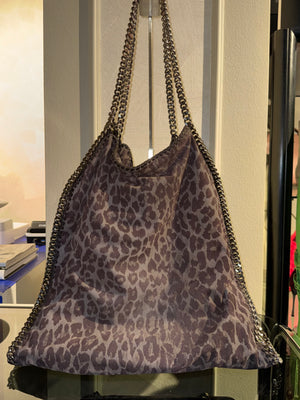Stella McCartney Falabella 3-Chain Fold Over Tote Leopard Print Brown Bronze Vegan Suede Shaggy Deer Vintage Classic Style Chic Chain handles Detail 