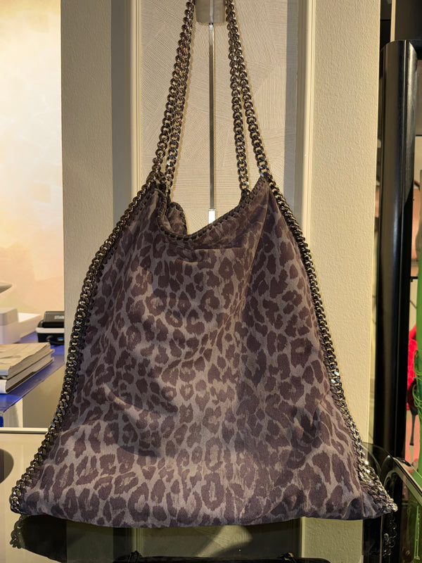 Stella McCartney Falabella 3-Chain Fold Over Tote Leopard Print Brown Bronze Vegan Suede Shaggy Deer Vintage Classic Style Chic Chain handles Detail 