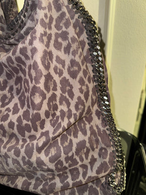 Stella McCartney Falabella 3-Chain Fold Over Tote Leopard Print Brown Bronze Vegan Suede Shaggy Deer Vintage Classic Style Chic Chain handles Detail 