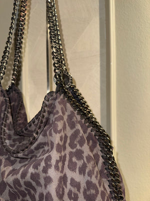 Stella McCartney Falabella 3-Chain Fold Over Tote Leopard Print Brown Bronze Vegan Suede Shaggy Deer Vintage Classic Style Chic Chain handles Detail 