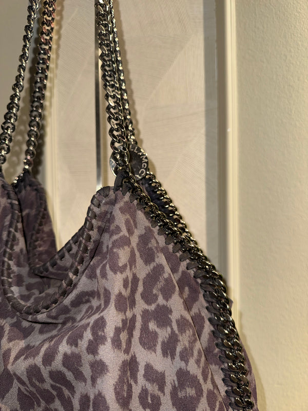 Stella McCartney Falabella 3-Chain Fold Over Tote Leopard Print Brown Bronze Vegan Suede Shaggy Deer Vintage Classic Style Chic Chain handles Detail 