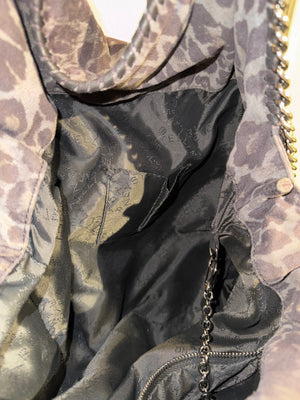 Stella McCartney Falabella 3-Chain Fold Over Tote Leopard Print Brown Bronze Vegan Suede Shaggy Deer Vintage Classic Style Chic Chain handles Detail 
