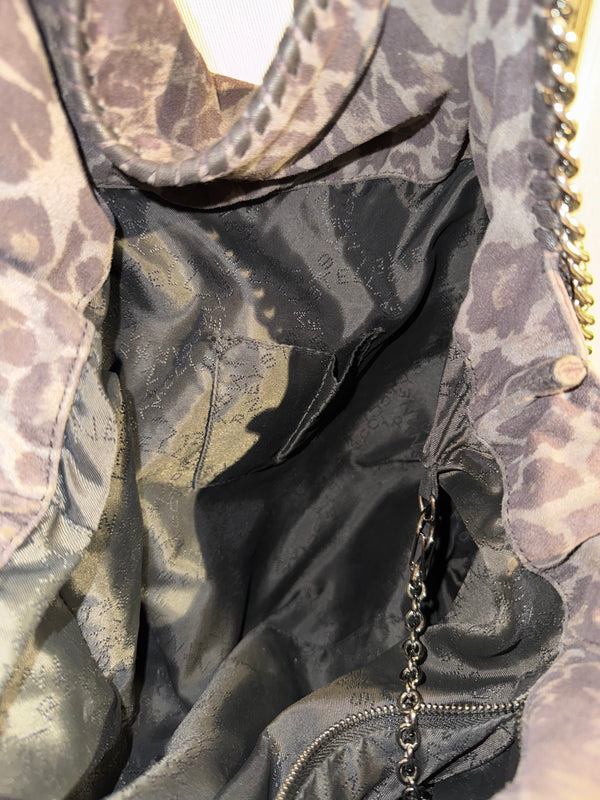 Stella McCartney Falabella 3-Chain Fold Over Tote Leopard Print Brown Bronze Vegan Suede Shaggy Deer Vintage Classic Style Chic Chain handles Detail 